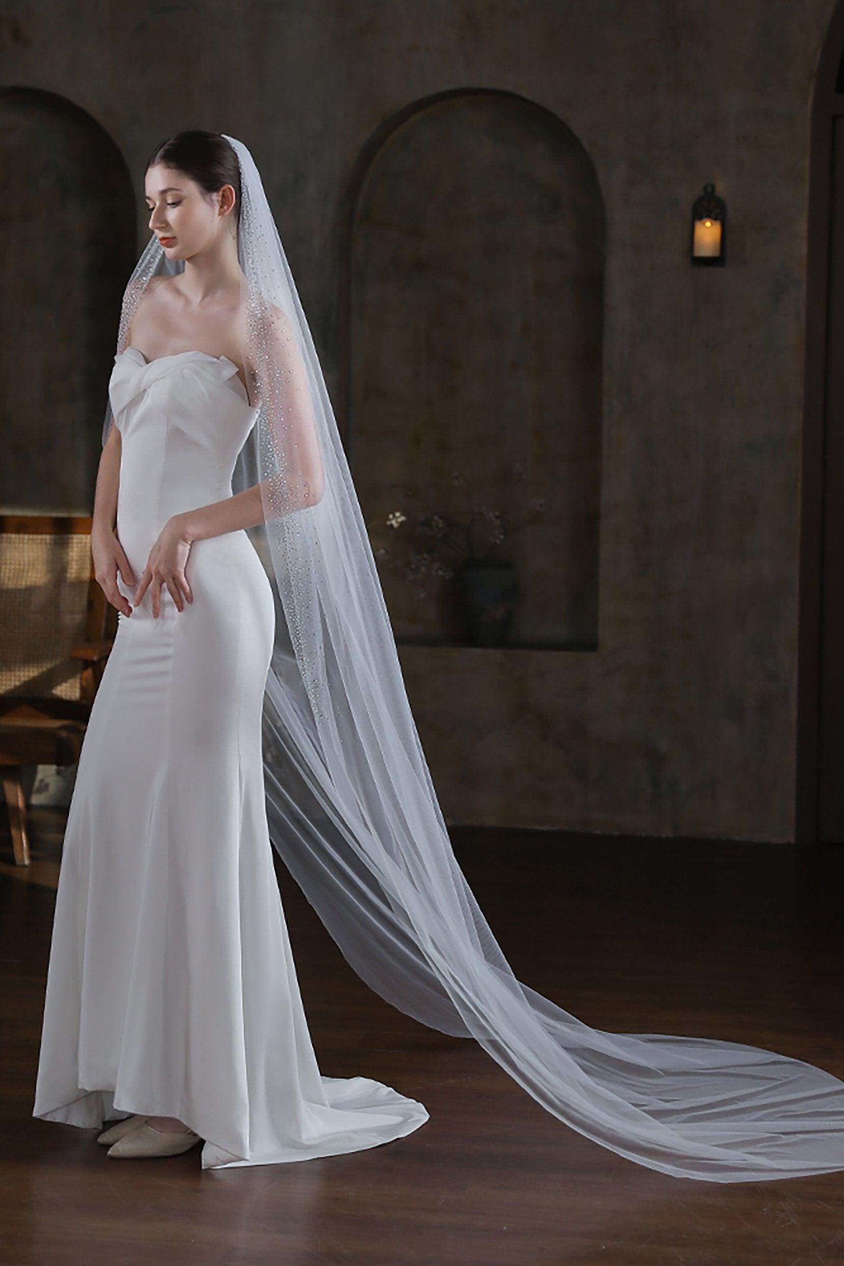 One-tier Cut Edge Tulle Chapel Veils with Sequin CV0321 - COCOMELODY